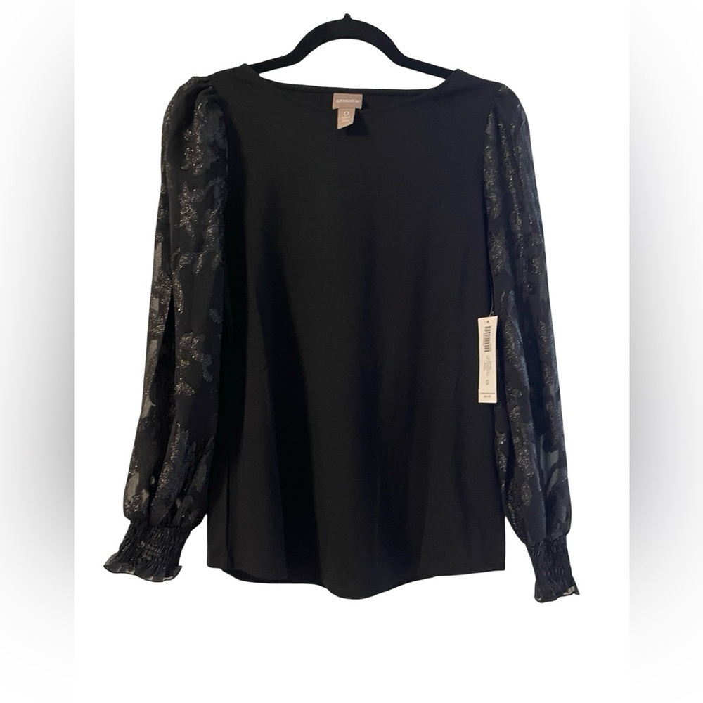 NWT Chico’s Black Smock-Cuff Top with Sheer Sleeves Size Small (Chico’s Size 0)